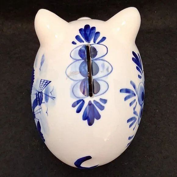 Vintage Hand Painted Delfts Blue Pottery Piggy Bank/Dutch Windmill Design/w+Cork - Picture 6 of 9